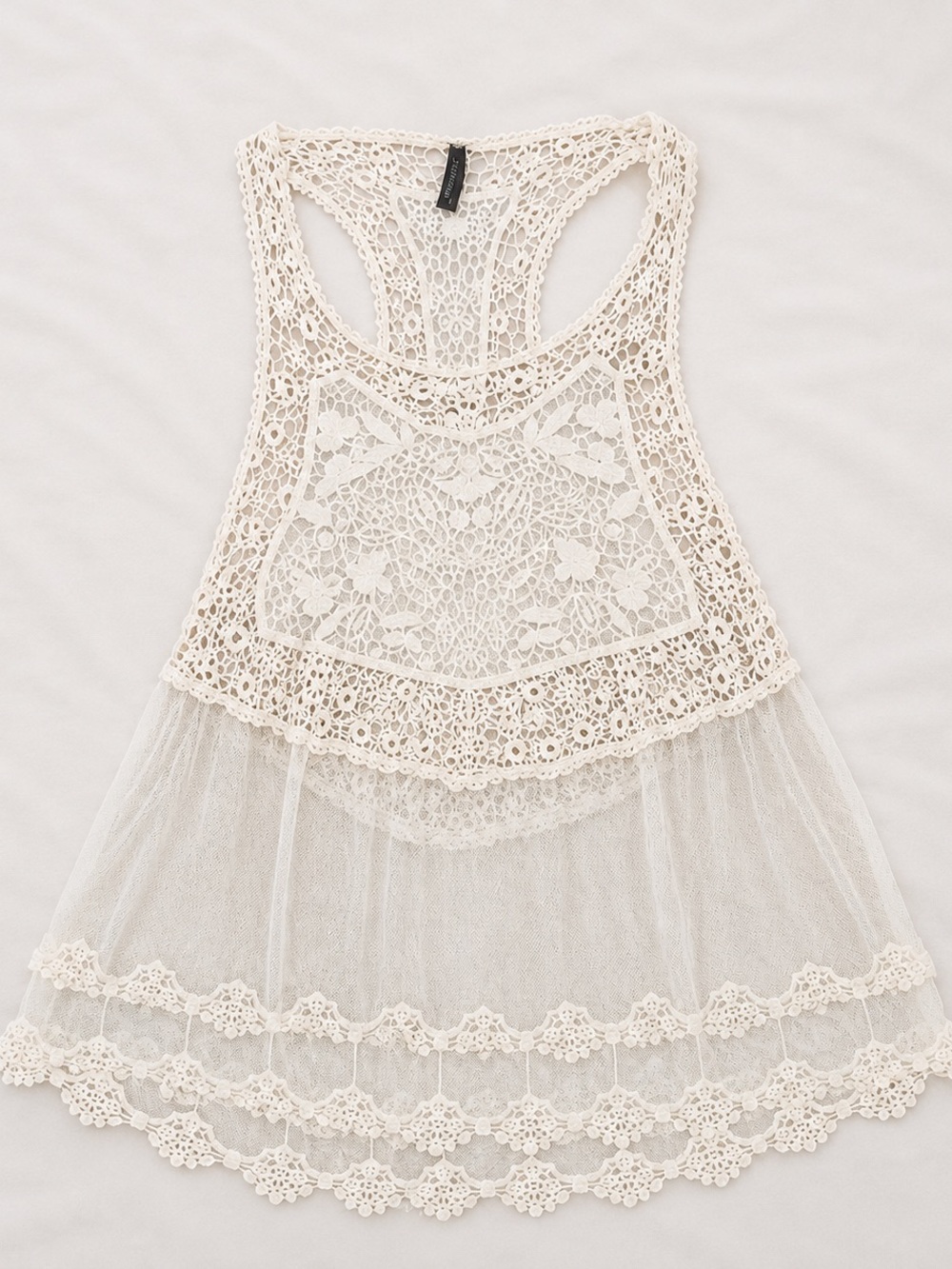 Vanity Crochet Lace Racerback Boho Tank in Ivory Sheer. Medium.